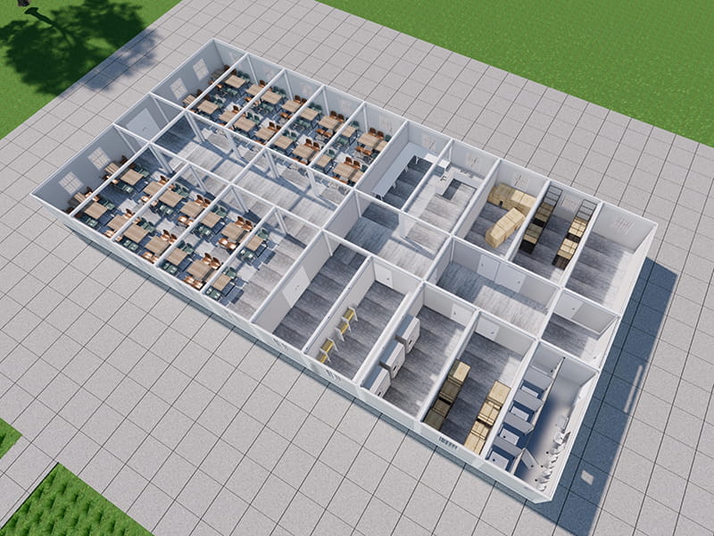 Bâtiment-dortoir de conteneurs à deux étages avec cantine