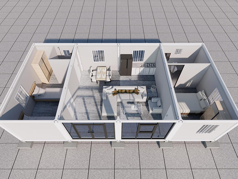 Maison conteneur de 2 chambres et 2 salles de bains avec verre d'intimité